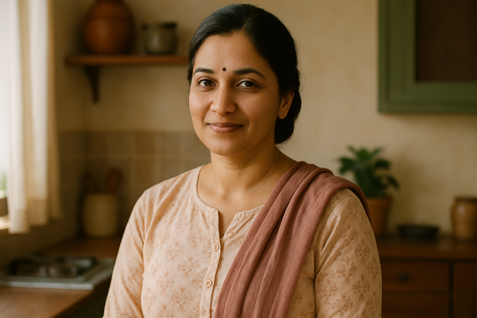 fair indian lady, housewife in simple clothes